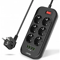 Разклонител с 6 гнезда и 4 USB порта с кабел 2 метра - 2500W Разклонител с 6 гнезда и 4 USB порта с кабел 2 метра - 2500W