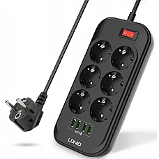 Разклонител с 6 гнезда и 4 USB порта с кабел 2 метра - 2500W